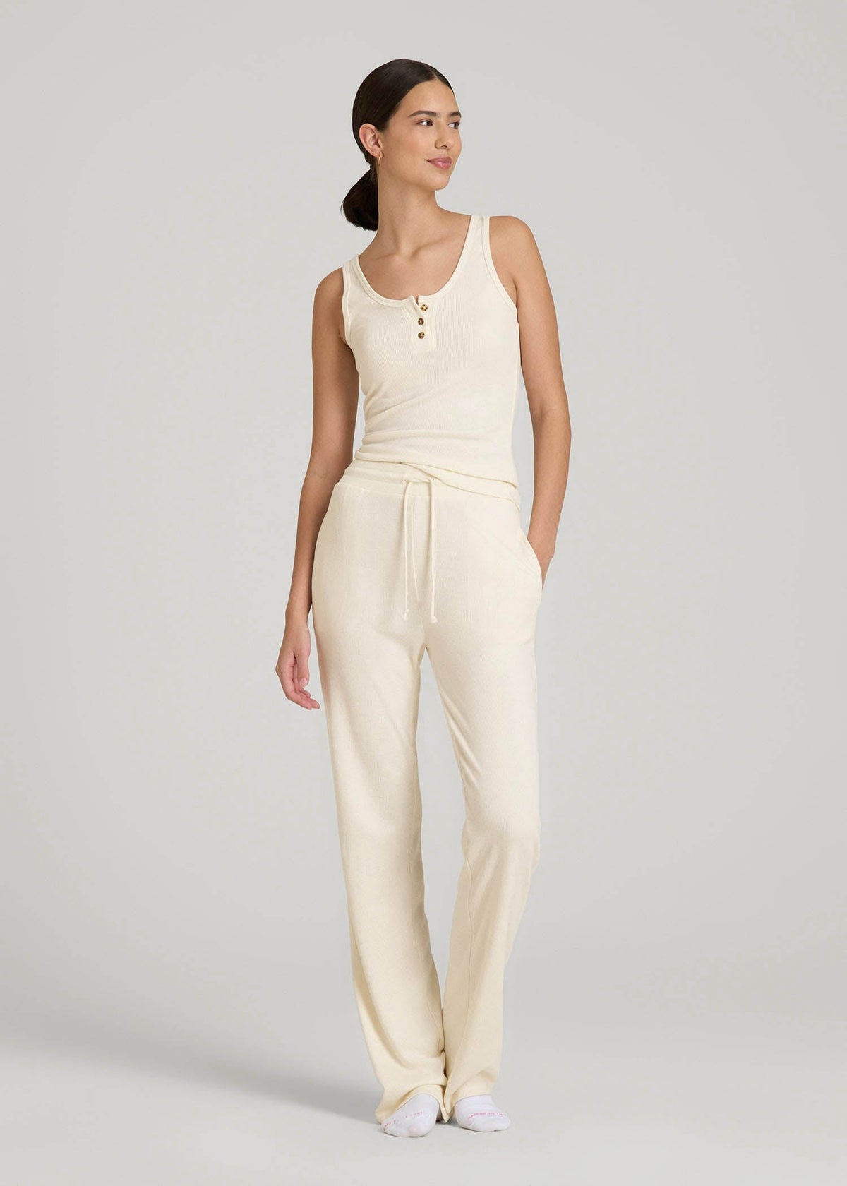 Open-Bottom Waffle Lounge Pants for Tall Women in White Alyssum