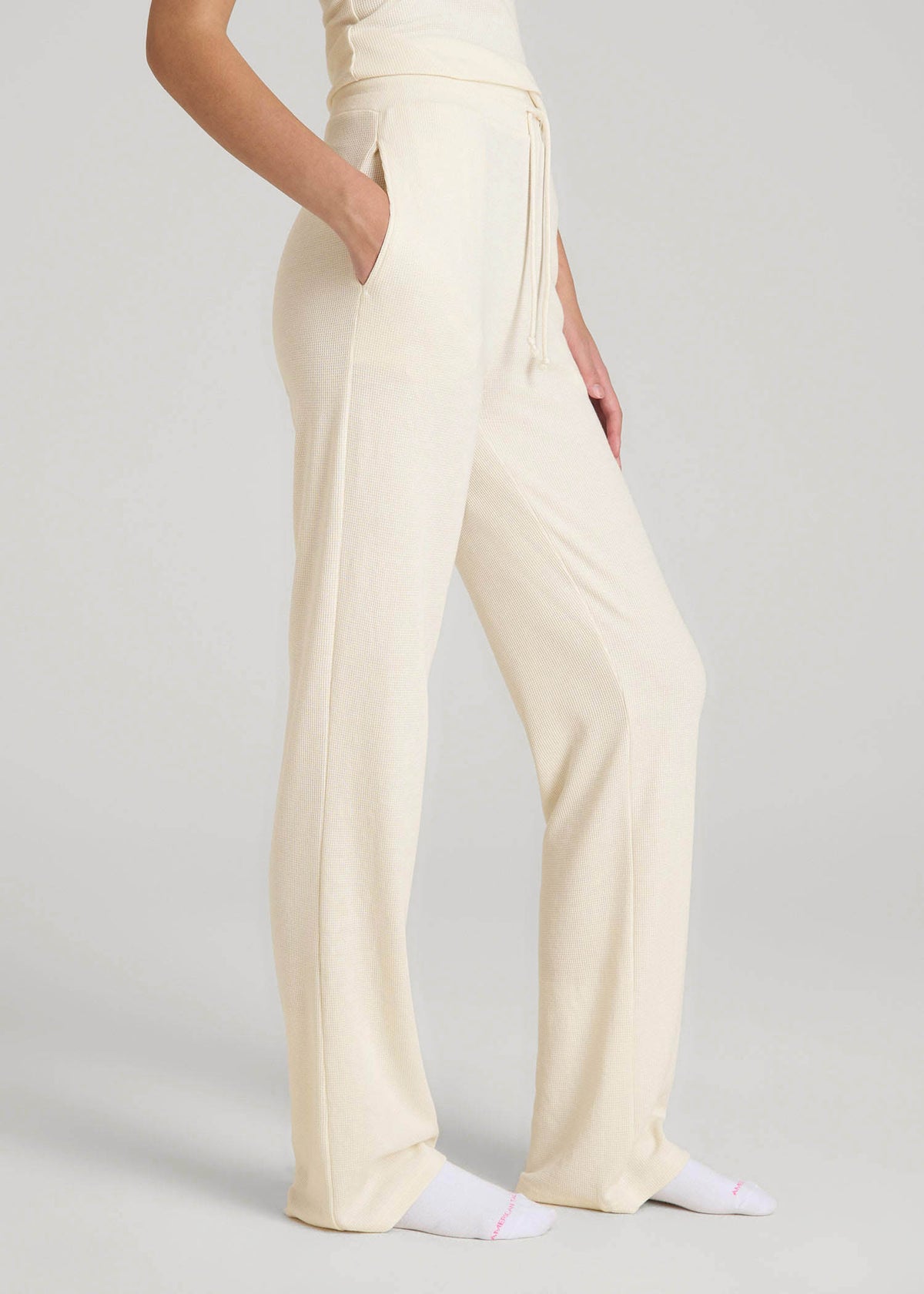 Open-Bottom Waffle Lounge Pants for Tall Women in White Alyssum