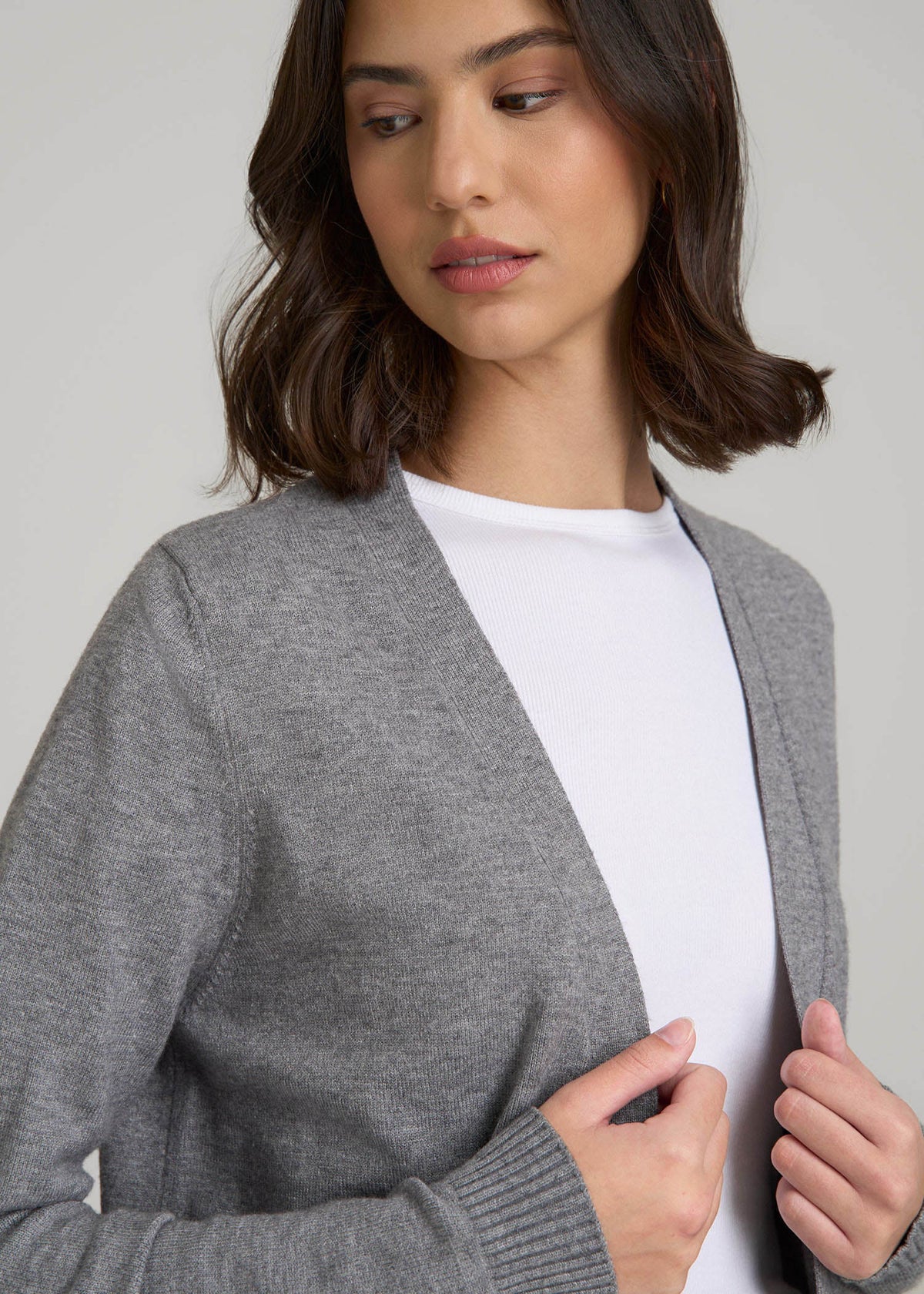 Open-Front Long Cardigan Sweater for Tall Women in Ash Grey Mix