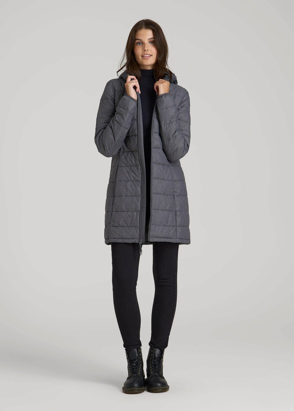 Packable Puffer Jacket for Tall Women in Charcoal Space Dye