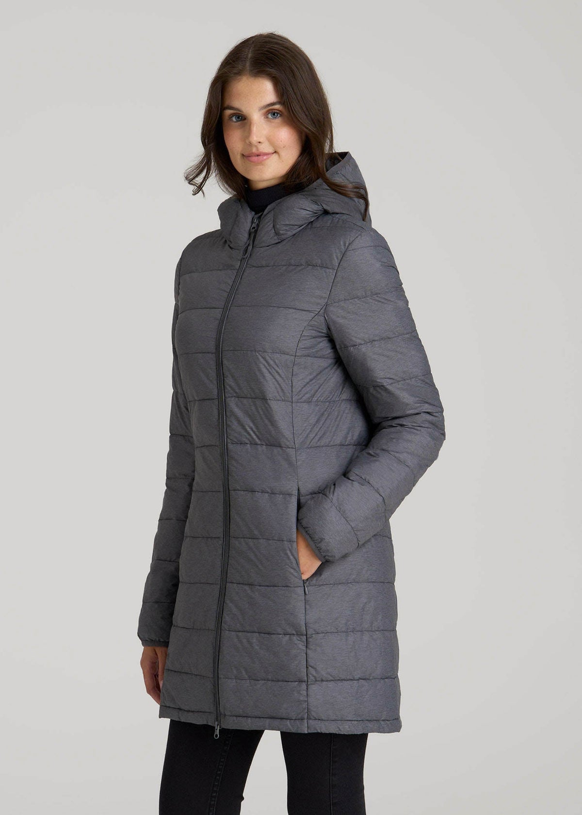 Packable Puffer Jacket for Tall Women in Charcoal Space Dye