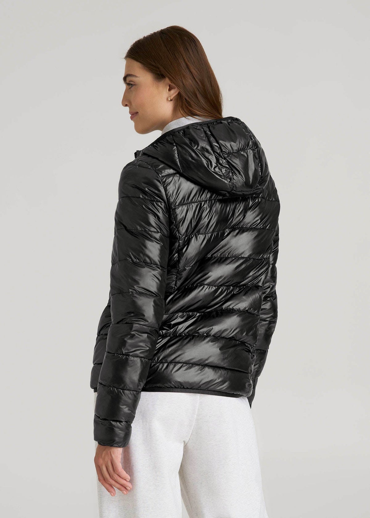 Packable Short Puffer Jacket for Tall Women in Glossy Black