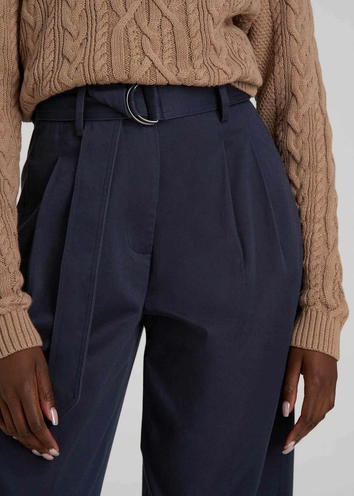 Pleated Wide Leg Chino With Belt for Tall Women in True Navy