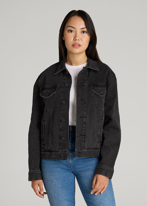 Women's Relaxed Denim Jacket for Tall Women in Black Stone Wash