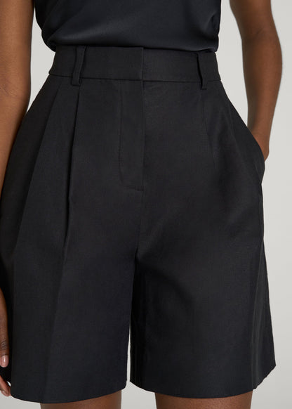 Stretch Cotton Linen Blend Pleated Shorts for Tall Women in Black