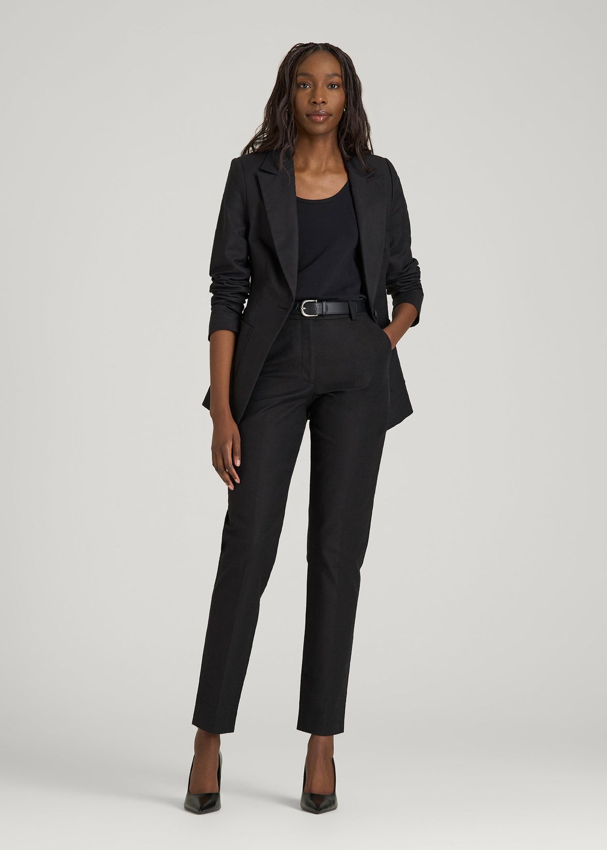 Stretch Linen Blend Dress Pants for Tall Women in Black