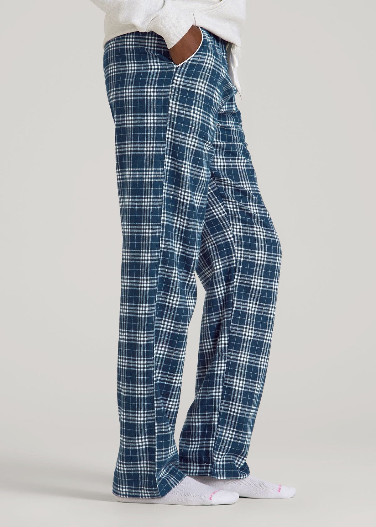 Tie Waist Flannel Pajama Pants for Tall Women in Navy and White Plaid