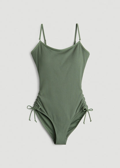 Waffled Ruched One-Piece Swimsuit for Tall Women in Dark Seagrass