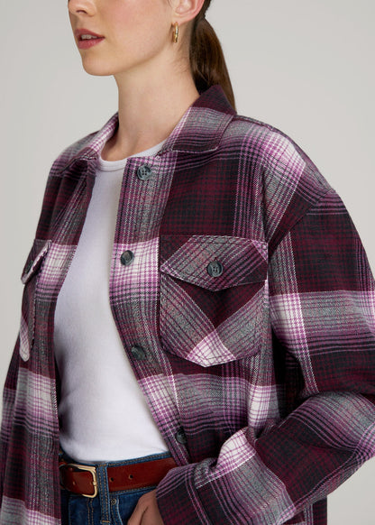 Flannel Shacket for Tall Women in Tawny Port Plaid