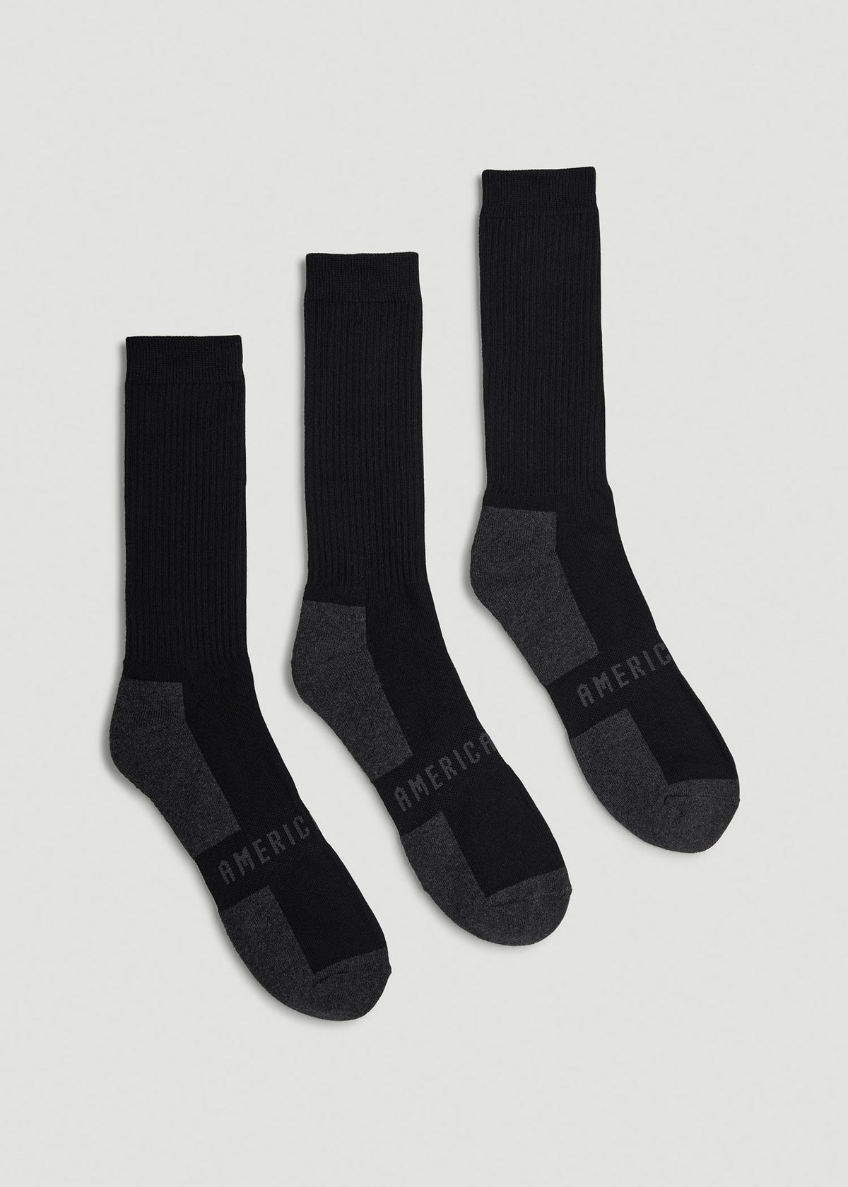 3-Pack Crew Socks for Tall Men in Black with Grey