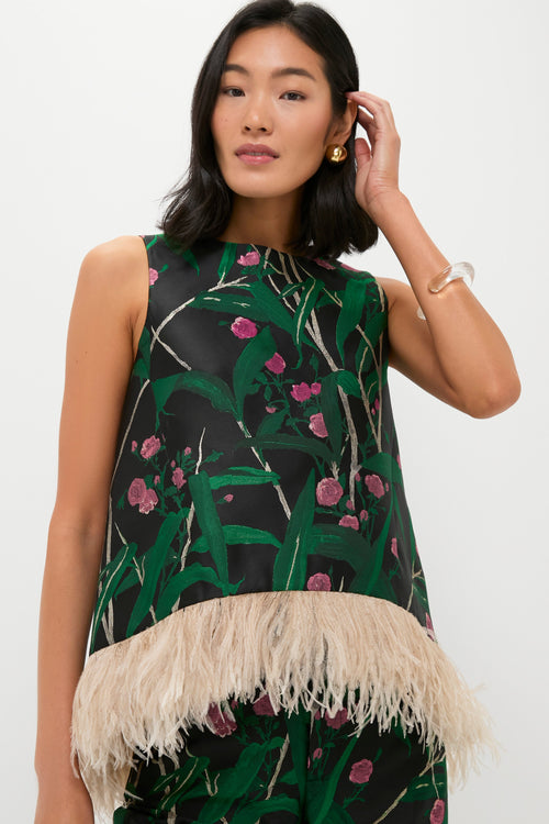 Bamboo Jacquard La Scala Top with Feathers
