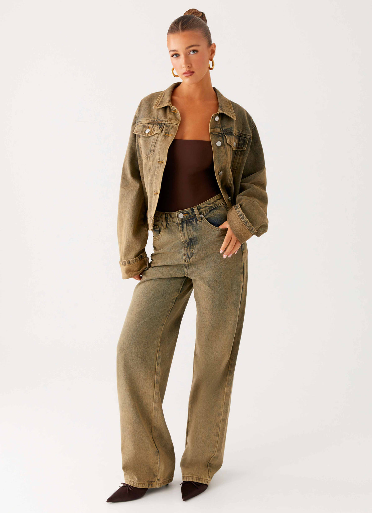 Back Again Straight Leg Denim Jeans - Brown Sand Wash