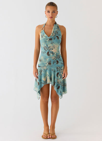 Bad Alive Halter Hanky Mini Dress - Aqua Blur