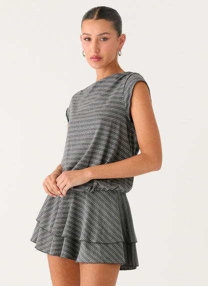 Bambola Wide Neck Mini Dress - Grey Marle Stripe