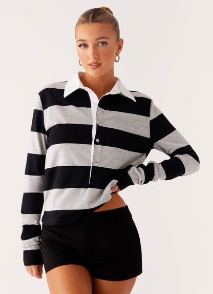 Beckett Polo Top - Grey Black Stripe