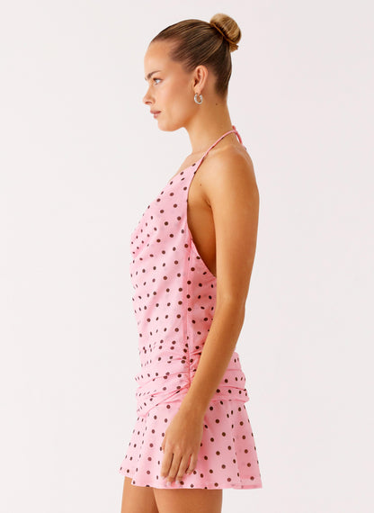 Cyna Cowl Mini Dress - Strawberry Dot