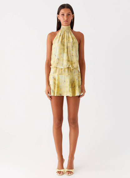 First Date Halter Mini Dress - Yellow Tie Dye