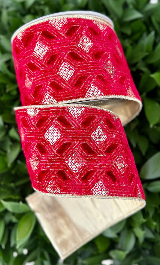 JME heavy wired ribbon. Gold Sequin Embroidered RED Velvet with Gold Metallic Back 4"x 10YDS