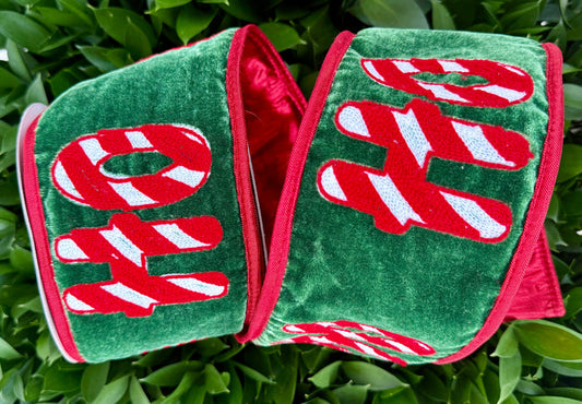 JME heavy wired ribbon. GREEN Velvet with Embroidered "Ho Ho Ho" 4"x 10YDS