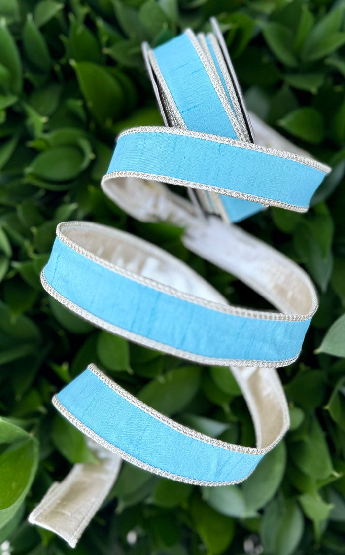 JME heavy wired ribbon. SKY BLUE Dupion Solid with Champagne Metallic Back