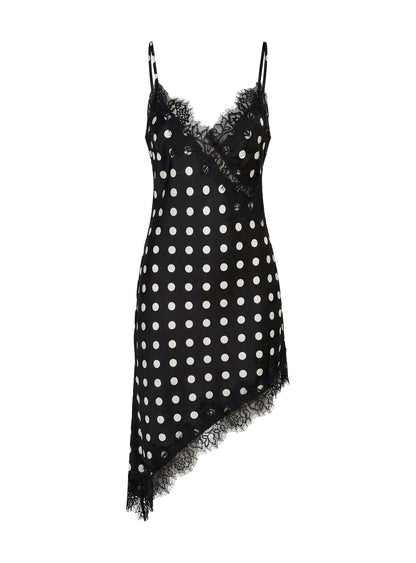 Afterdark Lace Asymmetrical Mini Dress Black Polka Dot