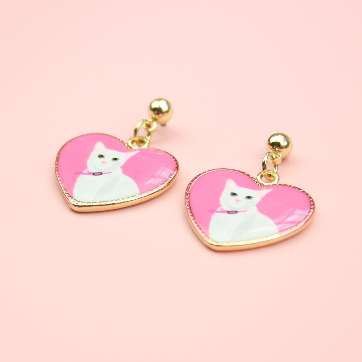 White Cat Heart Stud Earrings