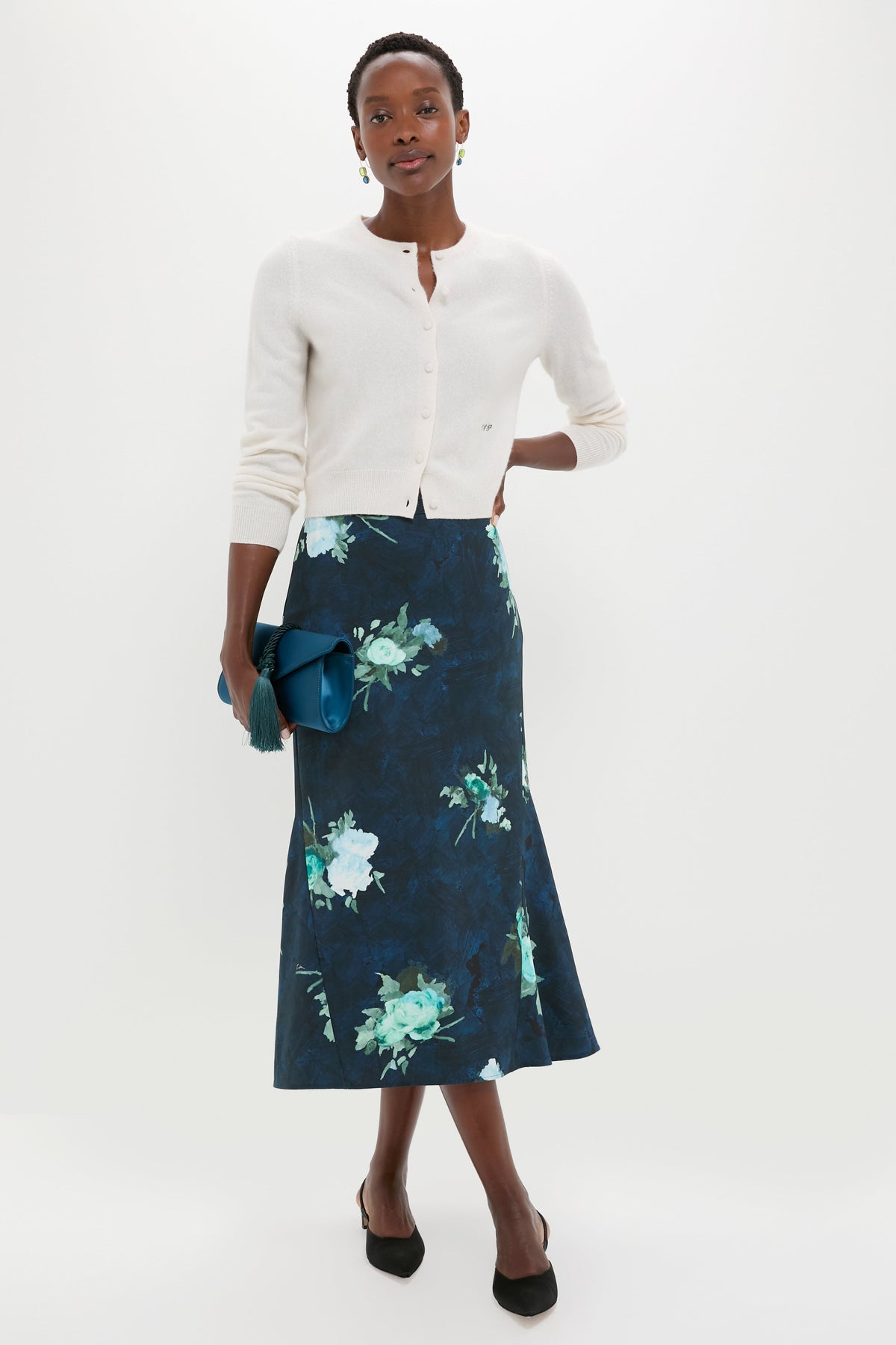Abstract Rose Navy Fluted Midi Skirt
