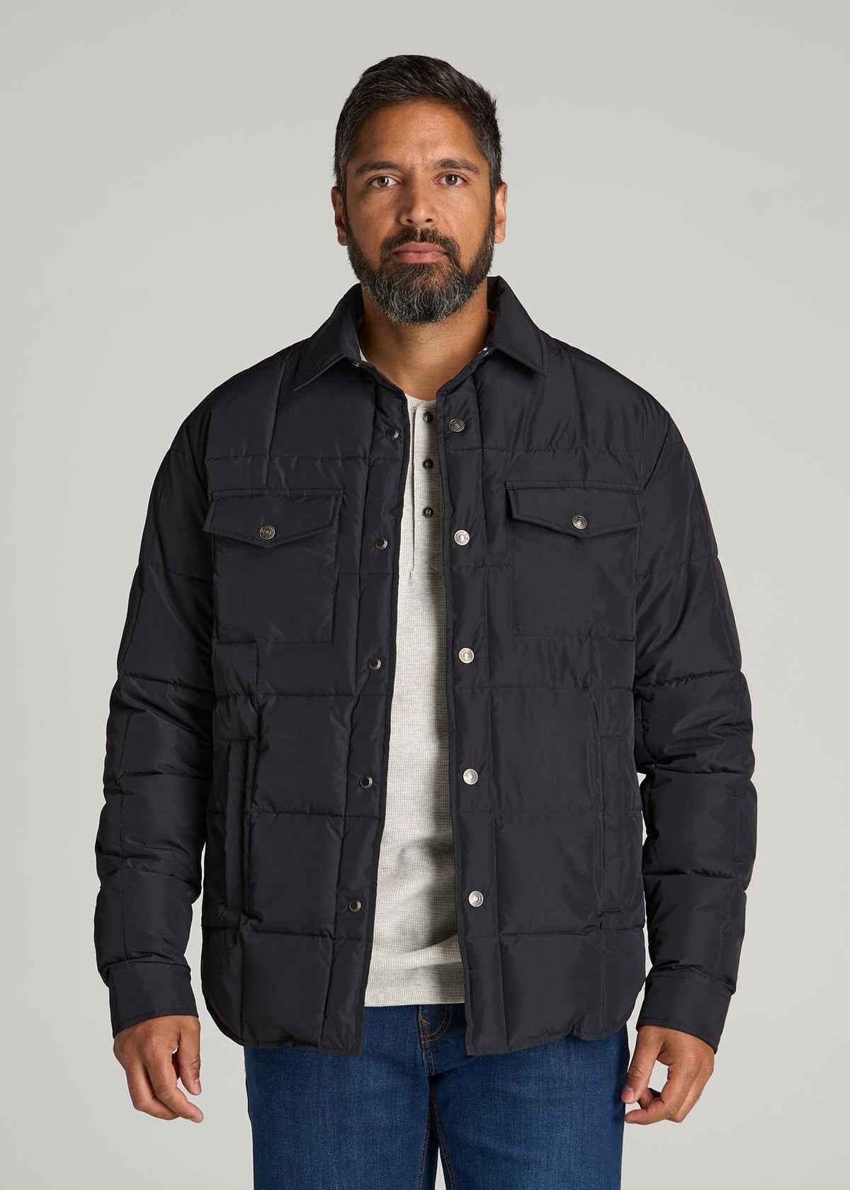 LJ&S Puffer Shirt Jacket for Tall Men in Black