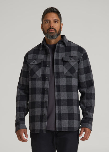 LJ&S Wool Blend Shirt Jacket for Tall Men in Black and Grey Check