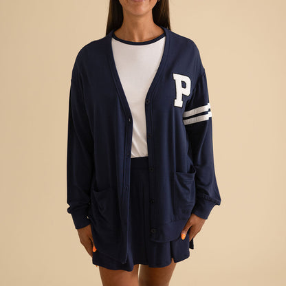Varsity Navy Women's French Terry Varsity Cardigan