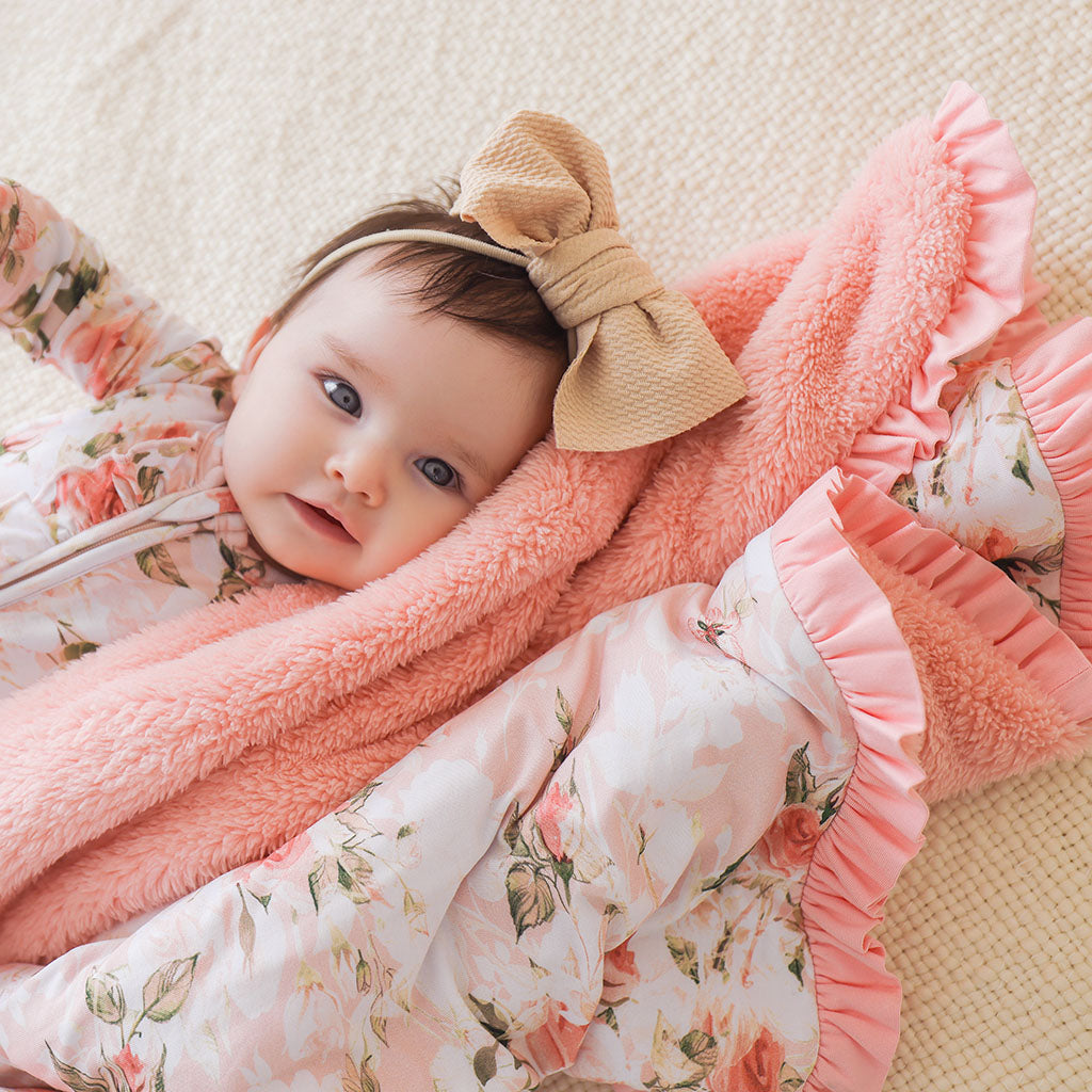 Vintage Pink Rose Ruffled Luxette Plush Patoo® Blanket