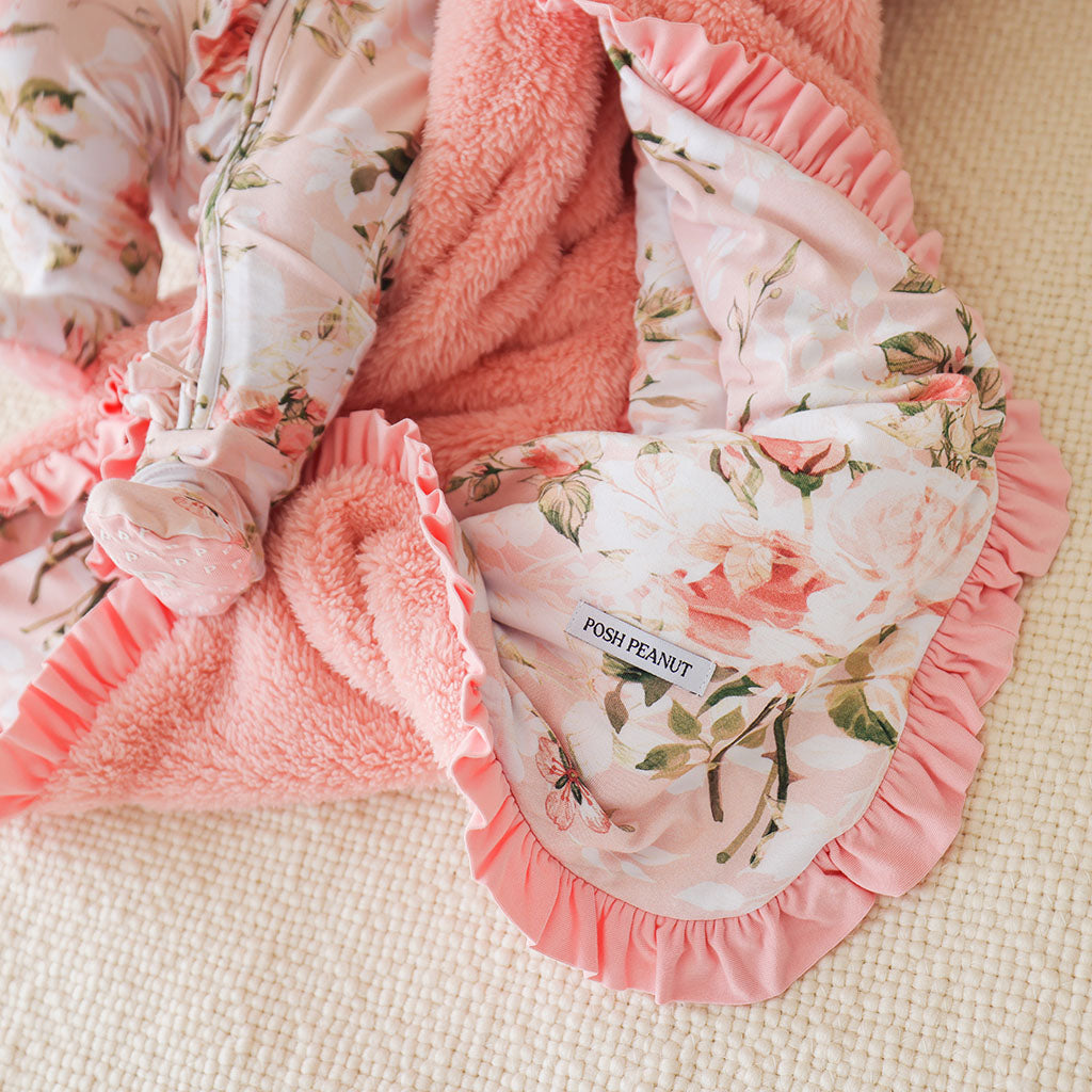 Vintage Pink Rose Ruffled Luxette Plush Patoo® Blanket