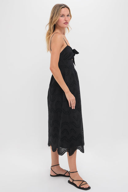 Black Eyelet Tie Front Sanibel Midi Dress