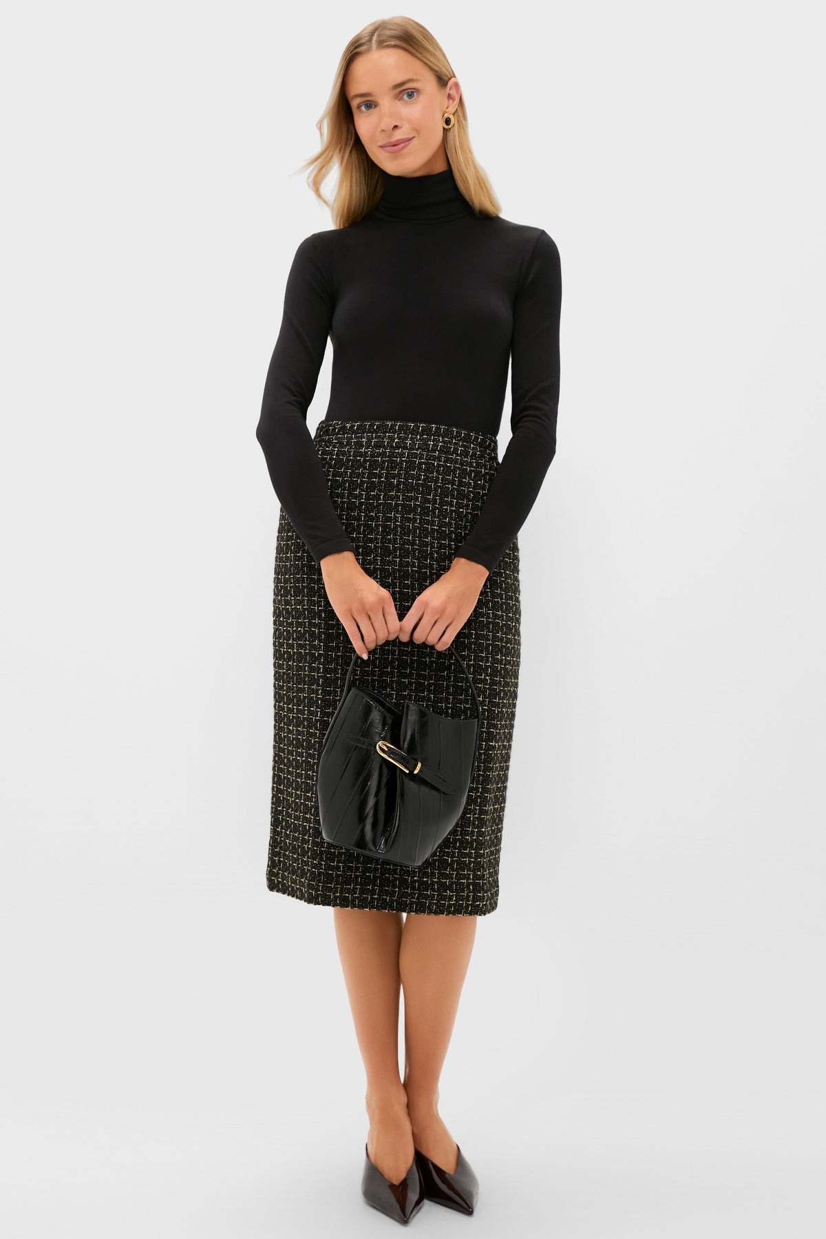 Black Eel Skin Mini Belted Bucket Bag