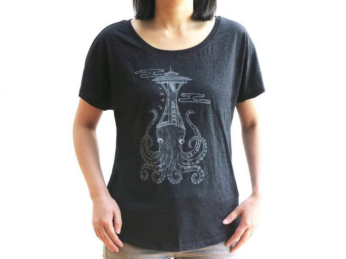 Adult Tee - Octo Space Needle on Heathered Gray Scoopneck Tee by Namu
