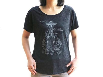 Adult Tee - Octo Space Needle on Heathered Gray Scoopneck Tee by Namu