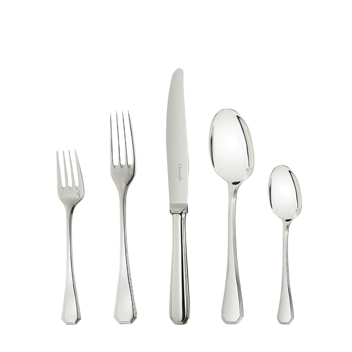 Polished stainless steel flatware set with dinner fork, salad fork, dinner knife, soup spoon, and teaspoon.