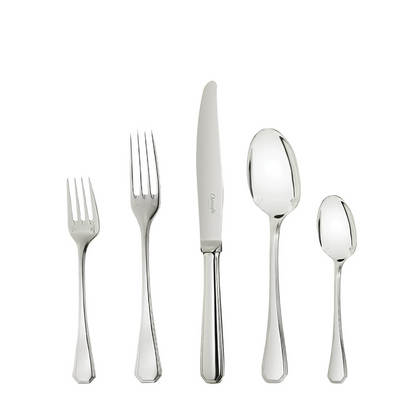 Polished stainless steel flatware set with dinner fork, salad fork, dinner knife, soup spoon, and teaspoon.