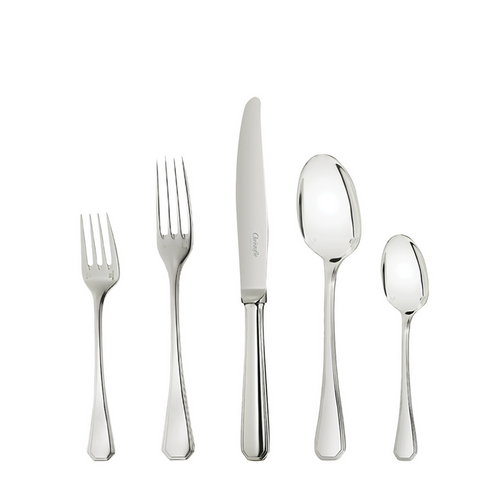 Polished stainless steel flatware set with dinner fork, salad fork, dinner knife, soup spoon, and teaspoon.