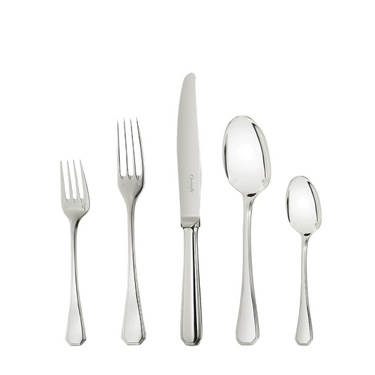 Polished stainless steel flatware set with dinner fork, salad fork, dinner knife, soup spoon, and teaspoon.