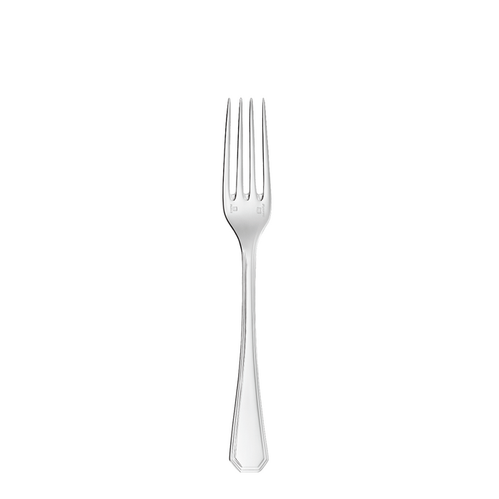 Polished stainless steel dinner fork with a geometric handle design.