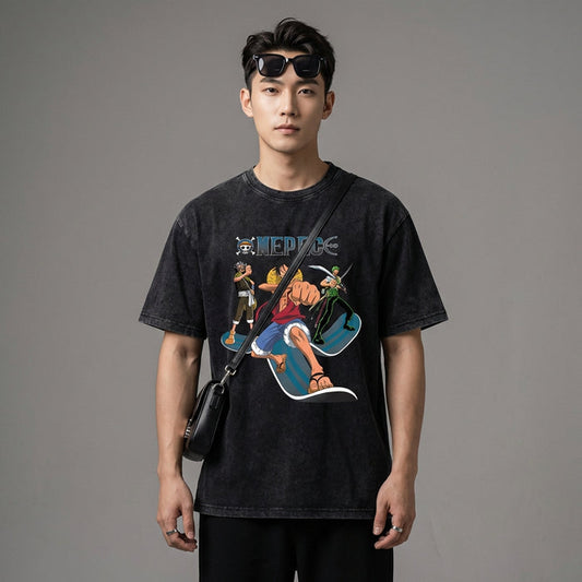 T-Shirt homme délavé imprimé anime Streetwear - Koreanxwear - Taille M
