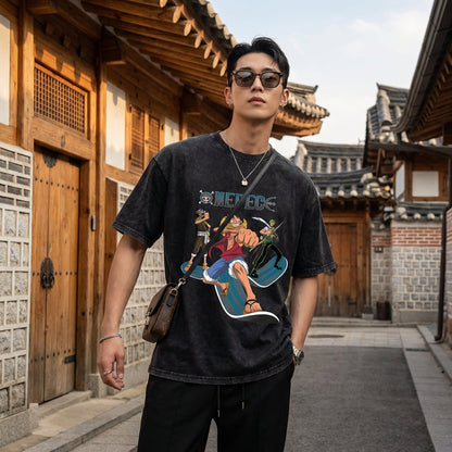 T-Shirt homme délavé imprimé anime Streetwear - Koreanxwear