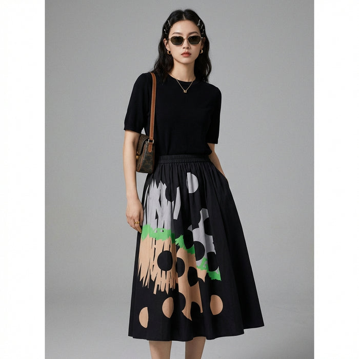 Jupe longue asymétrique contrastée noire - Mode K-fashion femme - Taille One Size