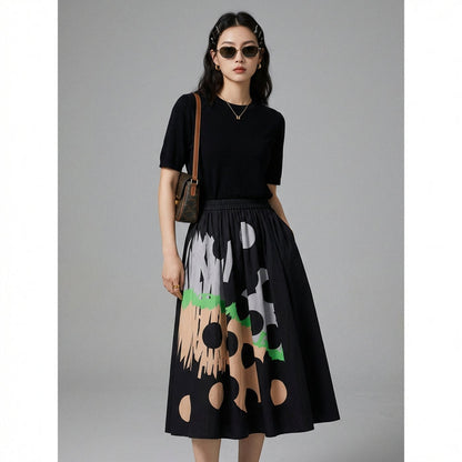 Jupe longue asymétrique contrastée noire - Mode K-fashion femme - Taille One Size