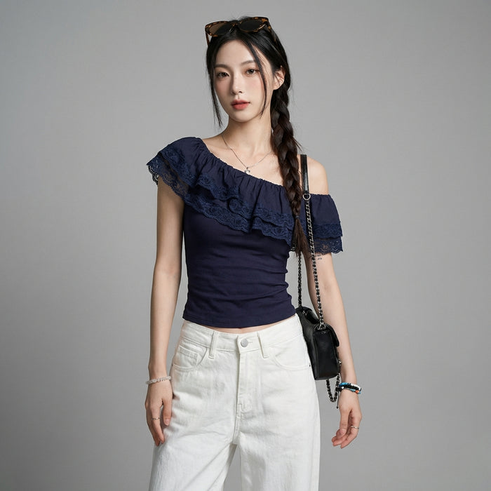 Haut asymétrique en dentelle, coupe ajustée, style K-fashion moderne. - Taille S