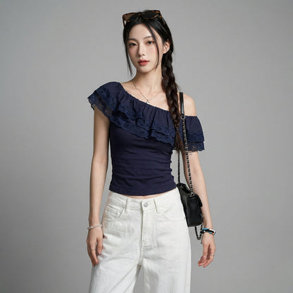 Haut asymétrique en dentelle, coupe ajustée, style K-fashion moderne. - Taille S