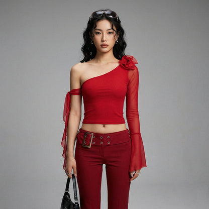 Top asymétrique manches longues femme, col diagonal, couleur noire. Style K-fashion tendance. - Taille S
