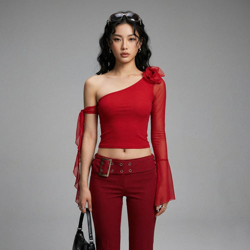 Top asymétrique manches longues femme, col diagonal, couleur noire. Style K-fashion tendance. - Taille S