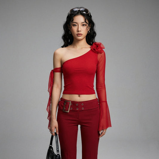 Top asymétrique manches longues femme, col diagonal, couleur noire. Style K-fashion tendance. - Taille S